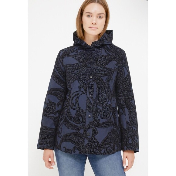 Chico’s Zenergy Women’s XL Blue Black Paisley Flocked Jacket Coat Fall - Picture 1 of 6